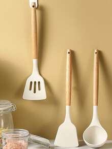 1/3件套木柄硅胶铲套装，耐热不粘锅具烹饪用具 - 白色 - 查看 11