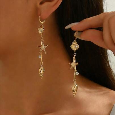 1 Đôi bông tai nữ thanh lịch, phong cách boho cổ điển, thiết kế mặt dây chuyền hình sao biển và vỏ sò đơn giản với đá pha lê lấp lánh và ngọc trai giả, bông tai tua rua dài, phù hợp cho các dịp thường ngày, đi biển, tiệc tùng, lễ hội, làm quà tặng, phụ kiện đa năng.