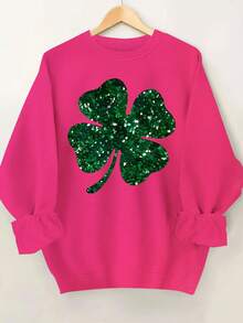 Women's St. Patrick's Day Sweatshirt With Shiny Four-Leaf Clover Print, Round Neck Sweatshirt, Suitable For Daily Casual Wear, Combining Fashionable Print And Comfortable Neckline.Loose And Comfortablevalentines Sweatshirts - 杏色 - 查看 6