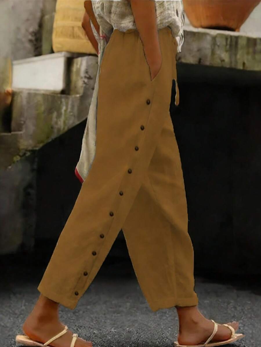 Women's Solid Color Elastic Waist Drawstring Side Button Pocket Casual Pants, Suitable For Daily, Home And Outdoor Occasions Spring - Brown - View 1