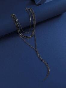 1pc Fashionable Design With Black Full Diamond Multi-Layer Versatile Necklace, Stylish Long Tassel Necklace Design, Including Necklace Suitable For Parties, Evening Parties, Women's Daily Wear, Valentine's Day Gifts, And Weddings - Rhinestone Y Necklace - View 5