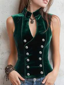 女士优雅藏蓝色丝绒无袖背心，双排扣收腰上衣，休闲度假风 - 墨綠色 - 查看 7