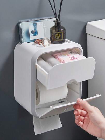 1pc LuxeSpace Waterproof Toilet Paper Holder, 1pc LuxeSpace Wall-Mounted Waterproof Plastic Tissue Box With Storage Rack, Polished Rectangular Paperroll Dispenser For Bathroom, No Drilling Required