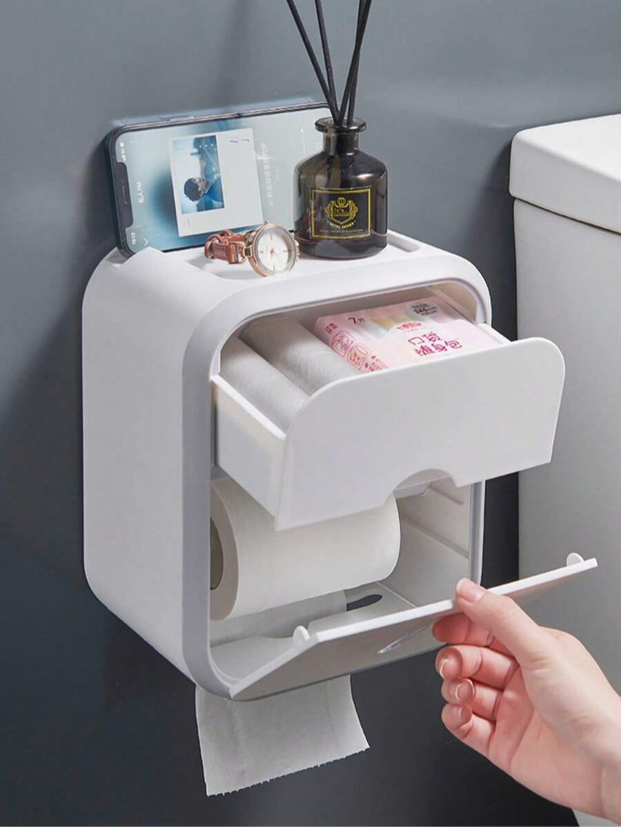 1 hộp đựng giấy vệ sinh chống thấm nước LuxeSpace, 1 hộp đựng khăn giấy bằng nhựa chống thấm nước gắn tường LuxeSpace kèm giá để đồ, hộp đựng giấy vệ sinh hình chữ nhật bóng loáng cho phòng tắm, không cần khoan.