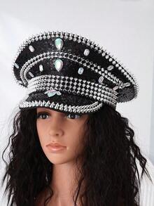 Steampunk Captain's Hat With Rhinestones For Men And Women, Adjustable Sequined Party Hat – Sparkling, Glamorous Costume Accessory For Christmas, Carnival, Rave, Cosplay, Festivals, Disco Parties And New Year's Eve Celebrations. - 黑色 - 查看 3