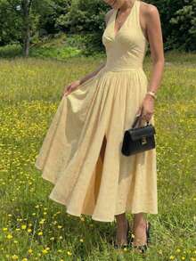 奶油黄露背中长连衣裙 | 镂空刺绣飘逸连衣裙，适合野餐和度假 - 黃色 - 查看 2