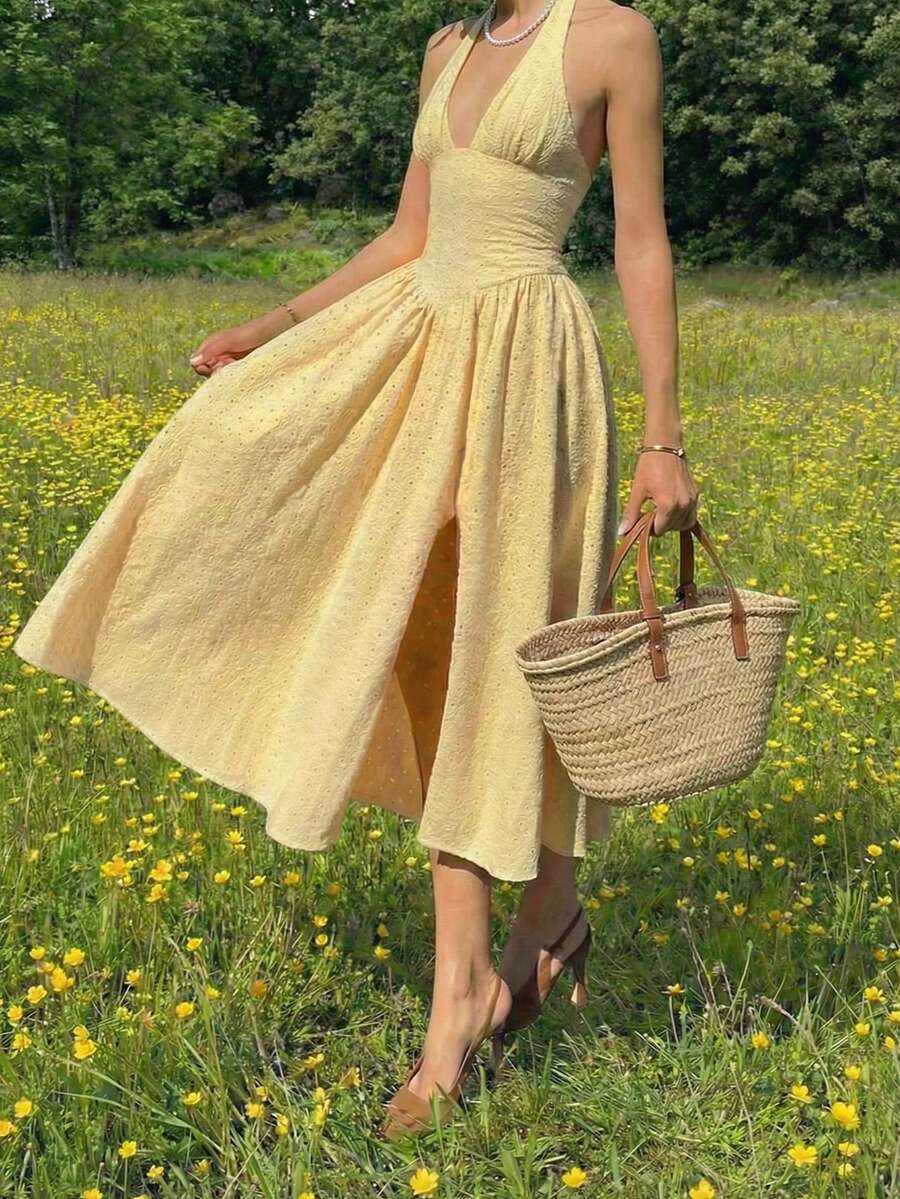 奶油黄露背中长连衣裙 | 镂空刺绣飘逸连衣裙，适合野餐和度假 - 黃色 - 查看 1