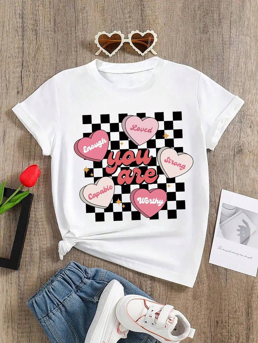 Girls' Casual Heart Print Round Neck Short Sleeve T-Shirt, Summer - White - View 1