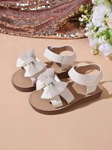 女童闪亮水钻蝴蝶结凉鞋 - 可调节魔术贴搭扣设计，柔软鞋底，优雅白色，适合夏季派对和日常穿着的儿童鞋 - 白色 - 查看 3