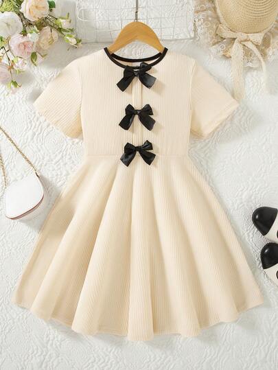 Girls' Casual Everyday Dress With Colorblock, 3D Bow Decor, Umbrella Hem, Knee Length, Summer
