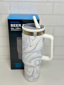 Large 1200ml Capacity, Ideal For Those Who Drink A Lot Of Water. Stainless Steel Material, Keeps The Temperature For Longer. With Straw And Lid, Practical For Drinking Without Spilling. Side Handle, Easy To Carry. Gradient Design In Pastel Colors, Modern And Stylish. Perfect For Work, Gym, Travel And Car. - 白色 - 查看 6