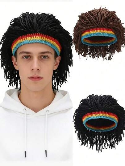 趣味编织假发帽，男女通用针织假发帽，手工钩编辫子帽，男女皆宜，保暖冬季时尚帽，派对帽