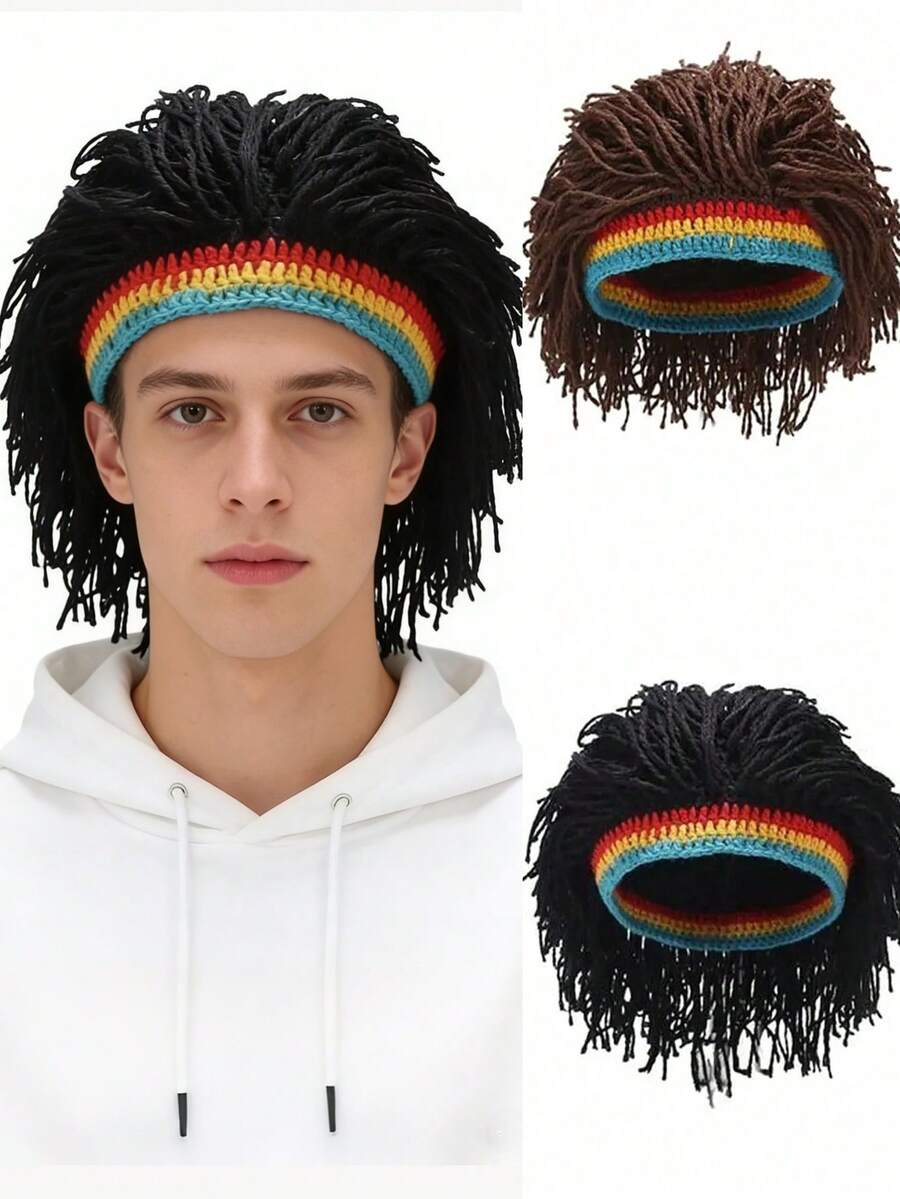 趣味编织假发帽，男女通用针织假发帽，手工钩编辫子帽，男女皆宜，保暖冬季时尚帽，派对帽