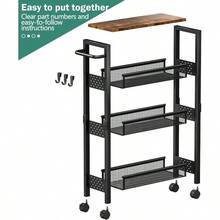Utility Slim Storage Cart With Wheels, 4 Tier Small Rolling Cart With Wood Top, Metal Kitchen Bathroom Laundry Room Organization Trolley With Handle For Narrow Space – Black - màu đen - Xem 9