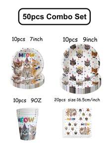 50pcs Cute Cat "Meow" Themed Party Supplies Set - Colorful Cats & Paw Print Disposable Paper Plates, Cups, Napkins | Suitable For Children's Cat Birthday Party, Pet Lover Gathering And Cute Animal Celebration Events | Party Hats, Bows, Crown Decorations With "Meow" Print, Ideal For Party Favors, Cat-Themed Home Decor And Special Occasions - Multicolor - View 6