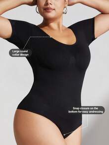 1pc Plus Size Women Seamless Shapewear, Tummy Control & Butt Lifting Bodysuit, Short Sleeve One-Piece Summer Outfit - Black - View 7