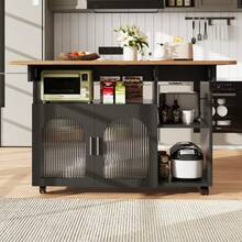 Kitchen Island, Modern Kitchen Island, Kitchen Cabinet, Removable Serving Cart, Sideboard, Wood-Look Dining Cart, Buffet, Multifunctional Dining Table With Storage, Black - 黑色 - 查看 4