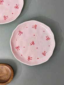 1个/2个法式可爱粉色蝴蝶结陶瓷餐盘，手绘釉面，西式牛排/意面盘，水果沙拉盘，甜点蛋糕盘，节日礼物，送女友的礼物