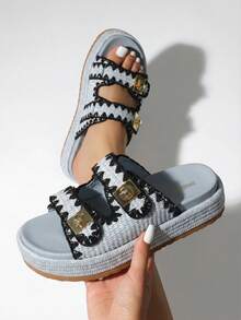 Women's Raffia Espadrilles 1.85-Inch Platform Sandals Comfortable Wedge Sandals Adjustable Buckle Cute Slide Beach Vacation Summer Shoes - Màu xanh lam - Xem 1