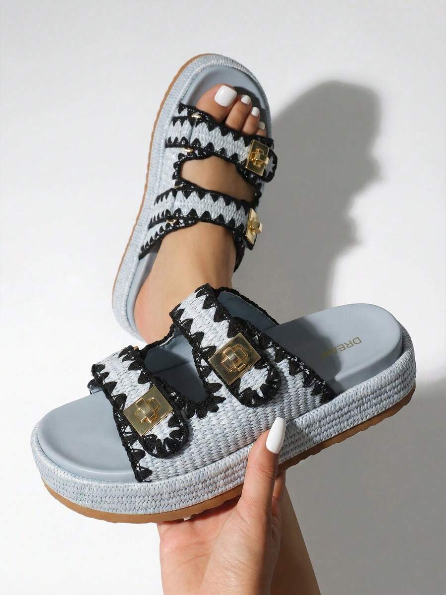 Women's Raffia Espadrilles 1.85-Inch Platform Sandals Comfortable Wedge Sandals Adjustable Buckle Cute Slide Beach Vacation Summer Shoes - Màu xanh lam - Xem 1