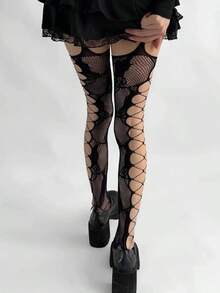 Medias altas de muslo de estilo punk Y2K para mujer - Medias altas de encaje floral transparente y sexy con patrón elástico antideslizante, adecuadas para atuendos de fiesta, rave - Multicolor - Ver 4