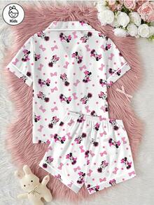 Disney 少女米妮蝴蝶结印花两件套，可爱休闲的配套T恤和松紧腰短裤，柔软透气的丝滑面料，适合所有季节的居家穿着，少女款