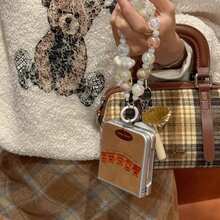 Cute Cartoon Bear Leather Folding Phone Case With Chain, Compatible With Samsung Galaxy Z Flip3 5G/Galaxy Z Flip 4 5G/Galaxy Z Flip 5 5G/Galaxy Z Flip 6 5G/Galaxy Z Flip 7 5G, Soft & Adorable Folding Screen Protective Cover - Brown - View 4