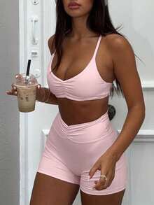 2pcs/Set Women's Racerback Sports Bra And High Waist Fitted Shorts Yoga Workout Gym Outfit - Baby Pink - View 4