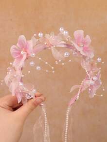 1pc Girls Faux Flower Pearl Headband, Elegant Beaded Floral Veil Headpiece, Suitable For Girls Daily Travel Hairstyles - 粉色 - 查看 3