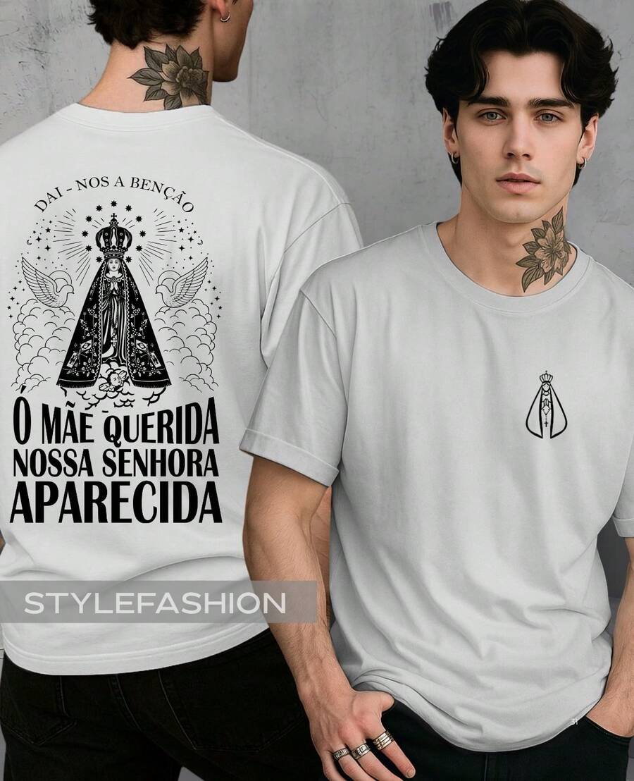 Religious T-Shirt Our Lady Of Aparecida "Oh Dear Mother" Catholic Patron Saint Of Brazil 100% Cotton - White - View 1