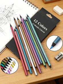 12 Colorful Metallic Pencils, Durable, Made Of Wood, With Excellent Color Retention. A Great Coloring Book For Adults, Art Supplies. Use These Art Supplies To Unleash Your Creativity! Back To School. - Multicolor - View 1
