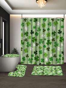 4-Piece Shamrock Bathroom Set, Green Holiday Bathroom Decor, Waterproof Shower Curtain Set With 12 Hooks, Non-Slip Bath Mat, U-Shaped Toilet Lid Cover, Perfect For St. Patrick's Day Gift - Multicolor - View 5