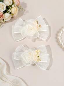 2pcs Beige Tulle Hair Bows For Girls Rose Shaped Decor Bow Alligator Clips Elegant Wedding Hair Clips Vacation Barrettes Simple Daily Hairpins Teens Hair Accessories - Beige - View 9