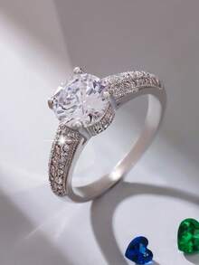 1pc Women's Elegant Sparkling Round Cubic Zirconia Ring, Suitable As Decorative Ring, Wedding Ring, Engagement Ring, Valentine's Day Gift, Christmas Gift, New Year Gift - Silver - View 1