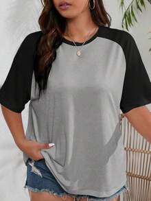 SUPEKYKO 大码女式撞色插肩短袖T恤 - 运动休闲舒适上衣 - 灰色 - 查看 5