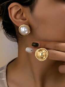 1 Pair Fashionable Geometric Round Faux Pearl Stud Earrings, Suitable For Women's Party, Gathering, Daily Wear, Versatile, Gift - Earrings - View 1