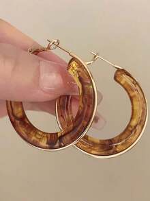 1 Pair Minimalist Personalized Chic Luxury French Retro High-End Resin Geometric Design Unique Hoop Earrings, Suitable For Daily, Vacation, Party Wear - Brown - View 4