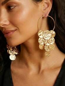 1对新款中东创意几何流苏长款简约叠戴时尚优雅圆形耳环 - 金黃色 - 查看 4