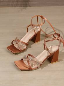 女士方头粗跟凉鞋，时尚性感棕色系带优雅舒适高跟鞋，蝴蝶装饰环绕式高跟凉鞋，适合夏季派对和晚宴 - 棕色 - 查看 7