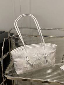 1个蝴蝶蕾丝拉链保龄球包，大容量手提包，新款时尚纹理单肩包，复古风格腋下通勤包，适合女性日常使用 - 米色 - 查看 7