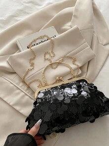 春秋新款亮片云朵扣贝壳包，简约女士链条肩带扣包 - 黑色 - 查看 6