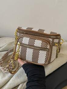 Fashionable Women's Large Capacity Multi-Function Plaid Shoulder Crossbody Bag, Stylish Sports Phone Pouch - Brown - View 5