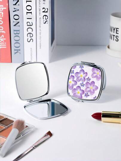 迷你化妆镜，方形花卉迷你口袋镜，便携式2倍放大化妆镜，可折叠轻薄双面手镜，旅行迷你化妆镜