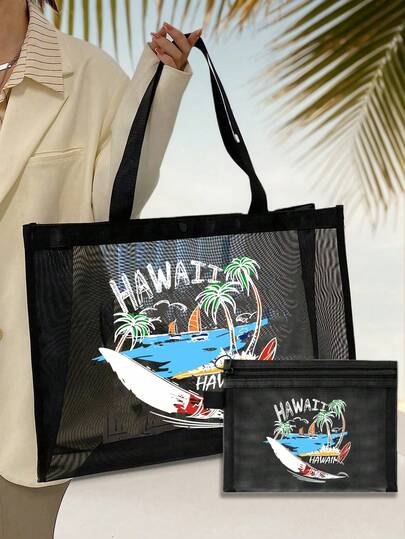 Large Capacity Mesh Bag Set,Beach Tote Bag Printed With Letters "Hawaii " Sailboat And Coconut Tree, Hollow Mesh Bag Beach Bag Tote Bag, Wash Bag, Makeup Bag, Skincare Bag,Cosmetics Bag,Cosmetic Storage Bag, Foldable Swimming Large Capacity Beach Bag Waterproof And Sandproof, Birthday Gifts, Valentine'S Day Gift,Gifts For Friends And Teachers,Suitable For Travel ,Family Beach Vacations,Cruises,Shopping, Vacation,Beach Life