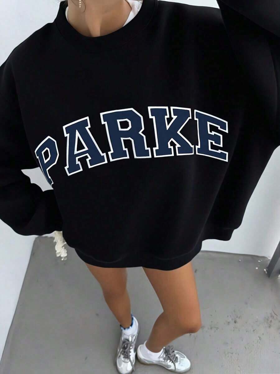 Women's Oversized White And Navy Blue 'PARK' Letter Print Sweatshirt - Oversized Loose Hoodie Sweater With Capital Letters, Crew Neck Long Sleeve Pullover, Machine Washable Layered Outfit Suitable For Back To School, Airport, And Casual Outfits 2026 - 黑色 - 查看 1