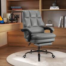 COSTWAY Ergonomic Office Chair, PU Leather Computer Chair With Adjustable Swivel Seat, Reclining Backrest, Linkage Armrests & Retractable Footrest, Executive Task Chair, Grey - Grey - View 11