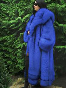 FHILLINUO 1 pieza Abrigo largo con capucha de piel sintética para mujer, blanco con puntas negras de piel artificial, corte holgado, elegante para vacaciones, uso diario, viajes, fiestas de té, Navidad, vacaciones de otoño/invierno - azul real - Ver 6