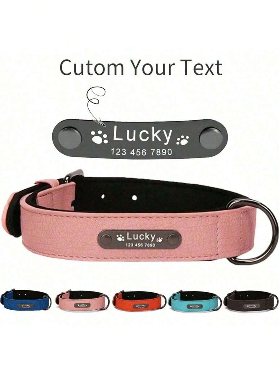Personalized Engraved Genuine Leather Dog Collar (Leash Optional), Soft Padding, Textured Leather, Suitable For Small, Medium, Large Dogs - Multicolor - View 1
