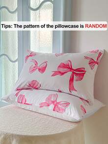 2/3pcs Pink Bow Printed Polyester Duvet Cover Set, Cute Bedroom Bedding Set For All Seasons, Zipper Closure, Machine Washable (1 Duvet Cover + 1/2 Pillow Shams)