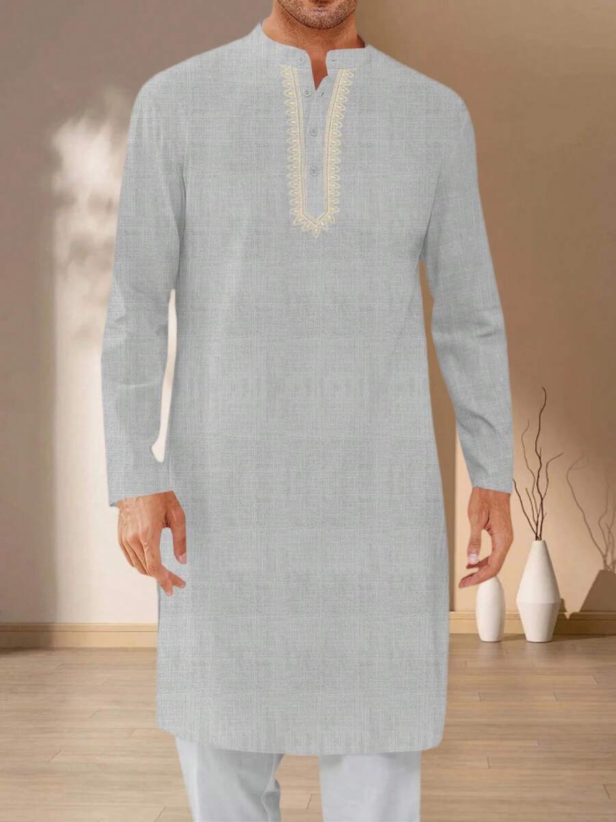 Runcati Mens Kaftan Thobe Casual Henley Shirts Button Up Long Sleeve Robe Muslim Gown Shirt - 深灰色 - 查看 1
